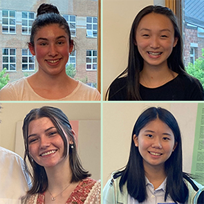 composite photo of 2022 local Math Essay Contest winners, clockwise from upper left: Beatrix Bornholdt-Collins, Haley Song, Sora Shirai, and Bonnie Blake