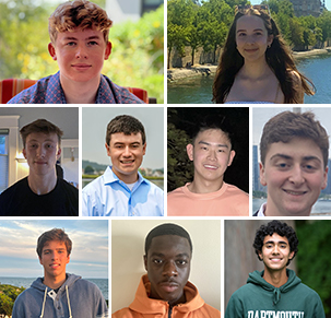 composite image of class of 2026 Byrne Scholars, left to right: Alek Mekhanik and Klara Drees-Gross; second row, left to right: Henry Moore, Samuel Ryan, John Wang, and Ari Nathanson; third row, left to right: Matthew Marks, Travis Owusu, and Kabir Moghe