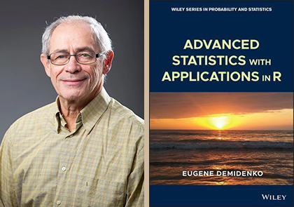 composite image of Eugene Demidenko and the cover of his textbook 'Advanced Statistics with Applications in R'