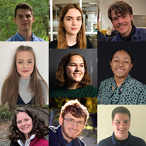 composite image of 2022 incoming graduate students, clockwise from upper left: Luke Askew, Lily McBeath, Atticus McWhorter, Jessica Rattray, Mark Lovett, Jamie Schmidt, Caroline Hammond, Lucy Knight, and (center) Beth Anne Castellano