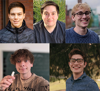 composite image of 2023 incoming graduate students, clockwise from upper left: David Shuster, Patrick Addona, Will DeGroot, Ben Shapiro, and Friedrich Bauermeister