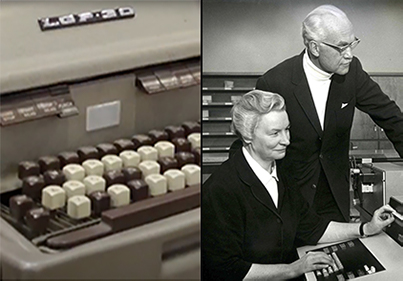 composite image, from left: LGP-30 typwriter console and Sister Mary Kenneth Keller teaching R. Buckminster Fuller about computer programming