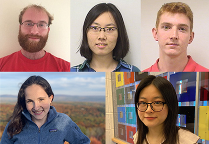 composite photo of 2021 Mathematics PhDs, clockwise from upper left: Doug Knowles, Yitong (Pepper) Huang, James Ronan, Xingru Chen, and Laura Petto