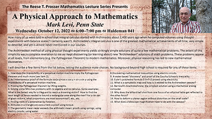 poster for Prosser lecture by Mark Levi, with photo and abstract